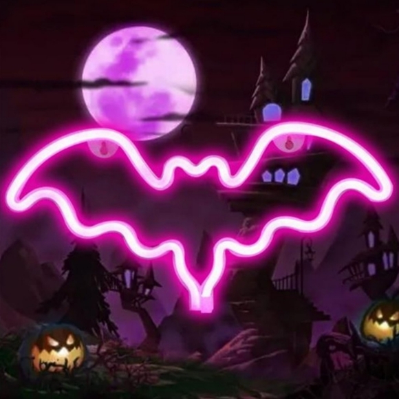 NEW LED Pink Neon Bat Halloween Decor Bat Shape Neon Signs Goth Wireless - Picture 3 of 6